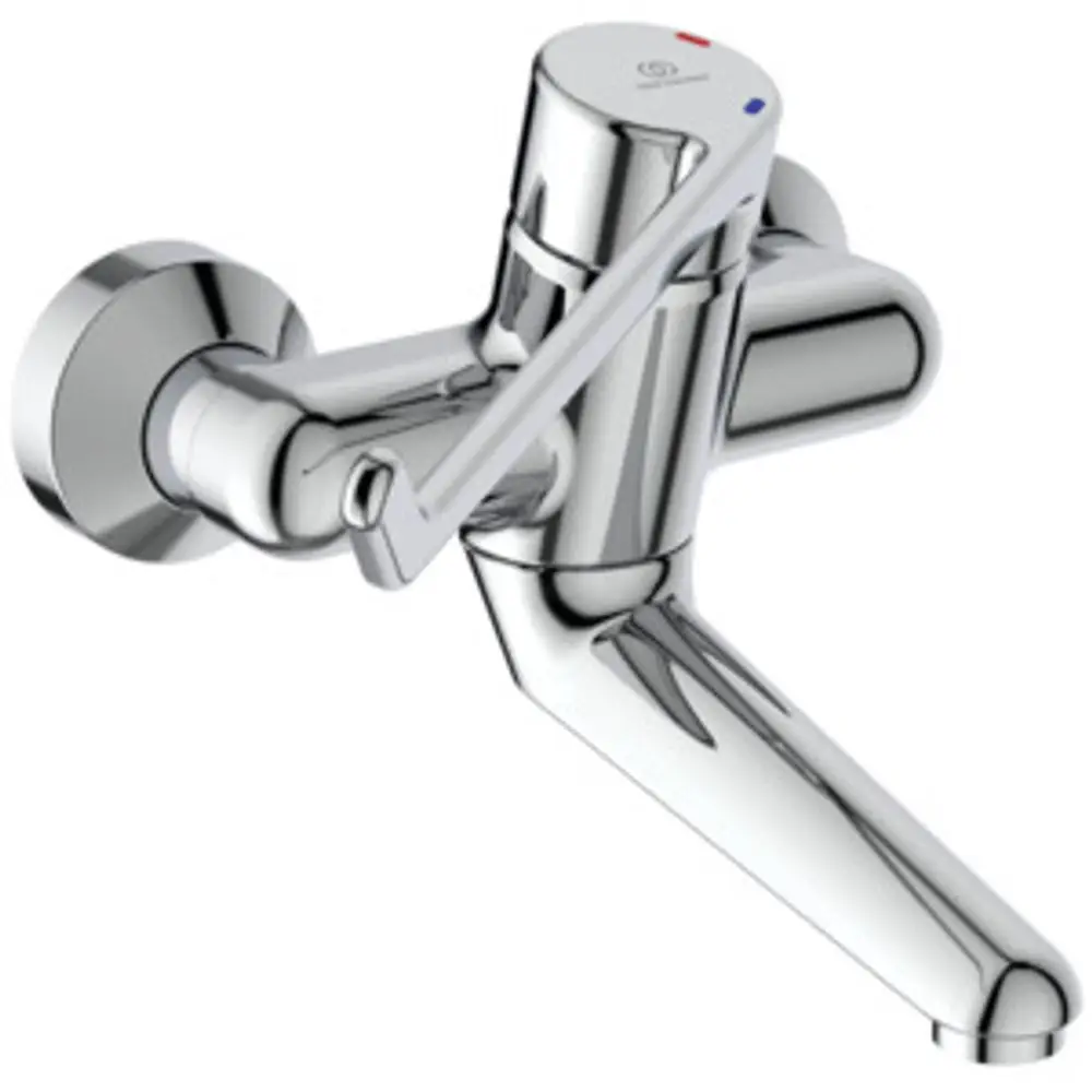 Chromfarbener Wasserhahn von Ideal Standard mit Hebelsteuerung. Einfache Installation an Wand mit zwei Anschlüssen.